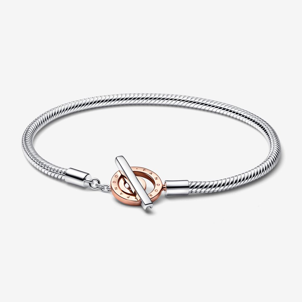 pulsera de cadena con serpiente y barra en t con logotipo de dos tonos pandora moments 582309c00