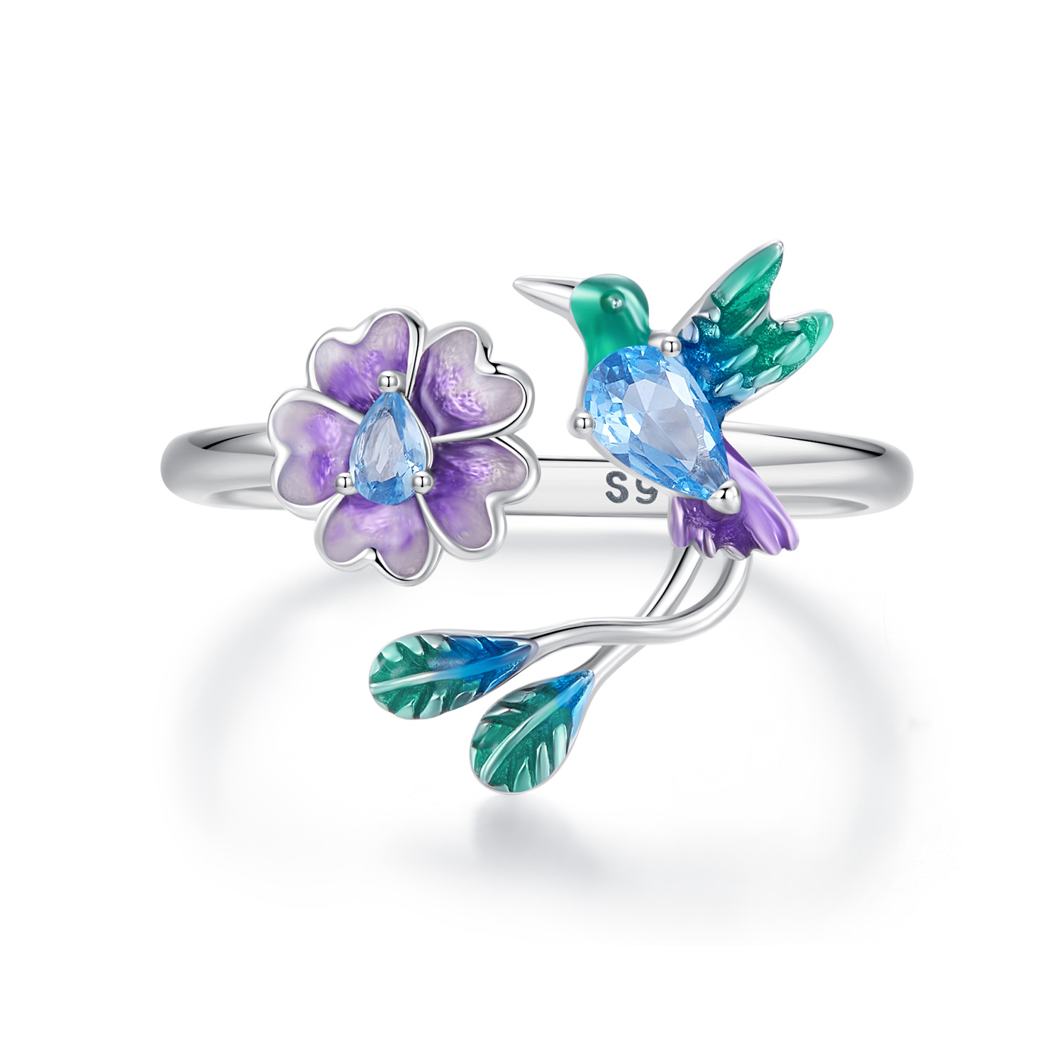 anillo abierto estilo pandora con flores y pájaros bsr536 e