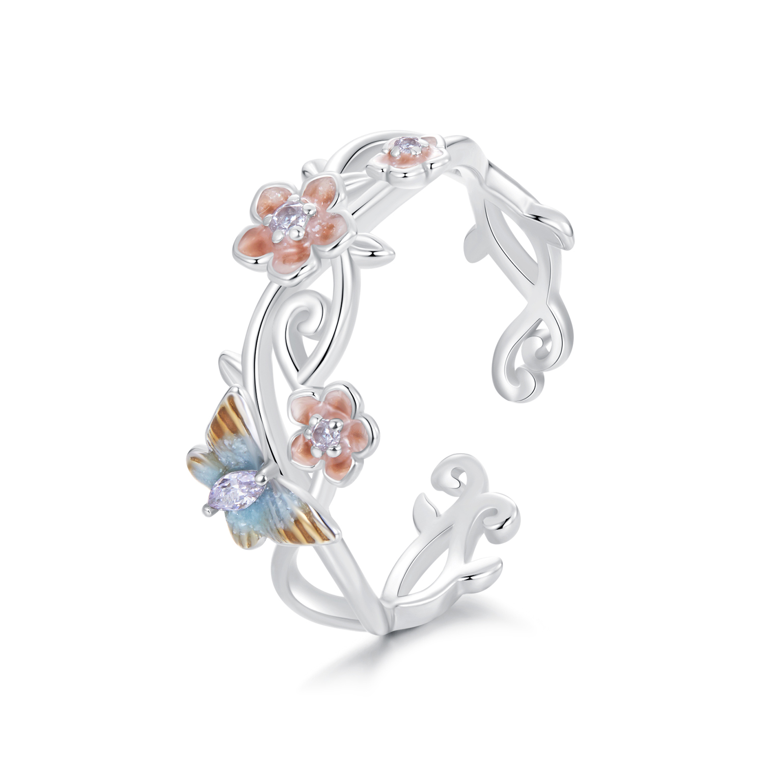 anillo romántico con mariposa y diseño de sakura en estilo pandora bsr538 e