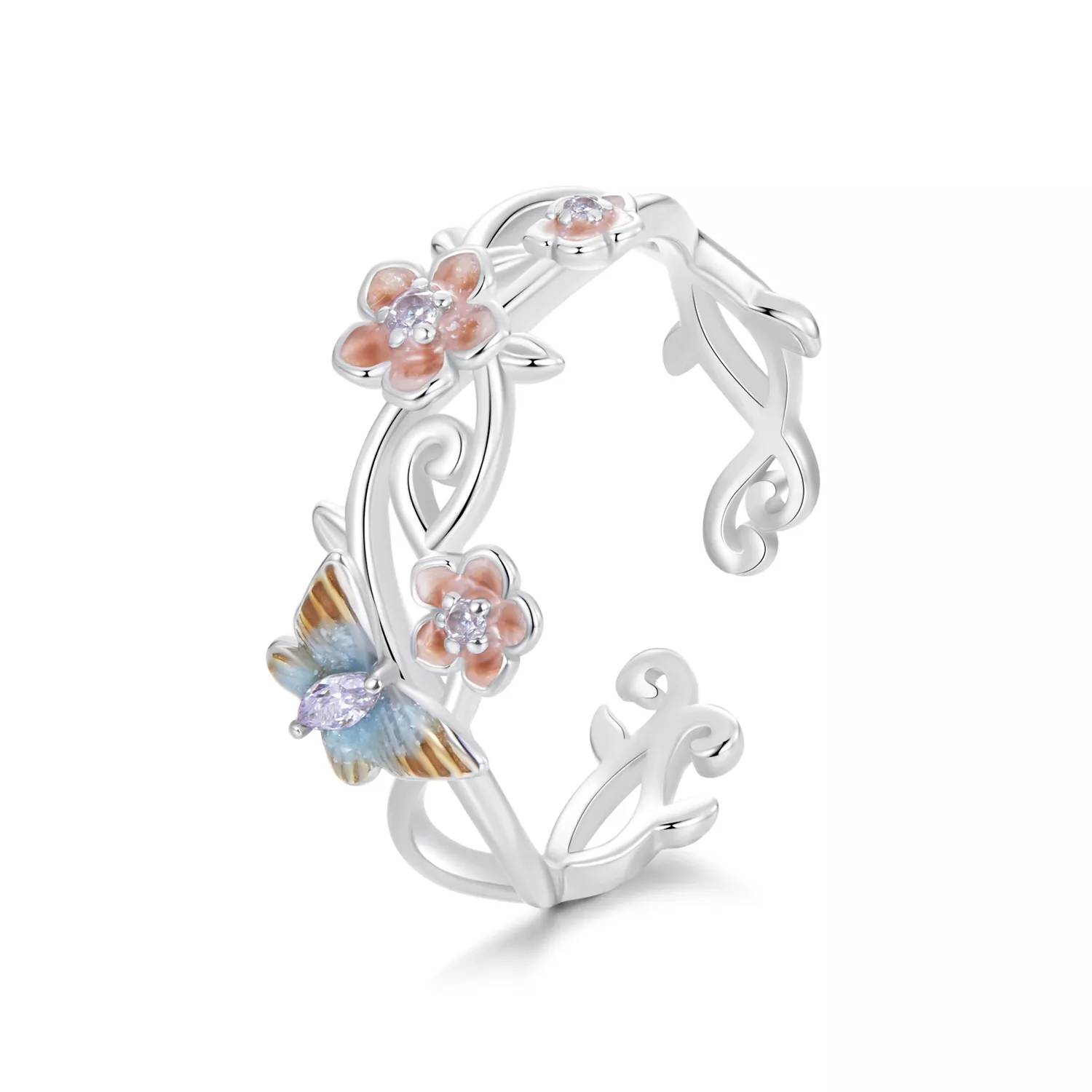anillo romántico con mariposa y diseño de sakura en estilo pandora bsr538 e