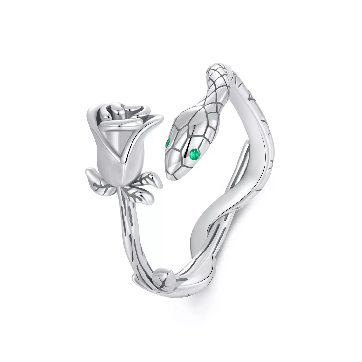 anillo abierto con serpiente y rosa estilo pandora scr1041 e