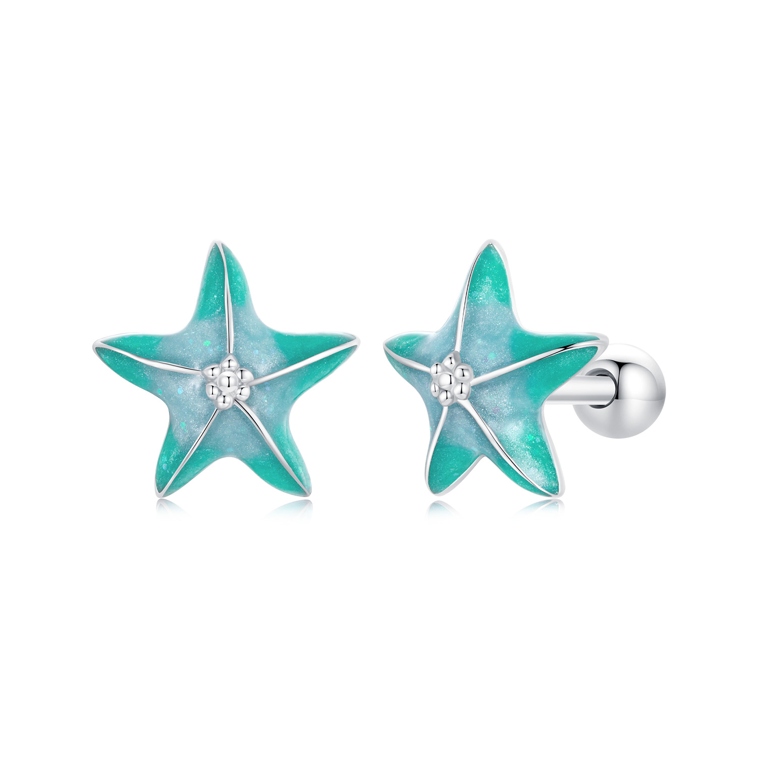 pendientes con forma de estrella de mar y color verde azulado estilo pandora sce1747