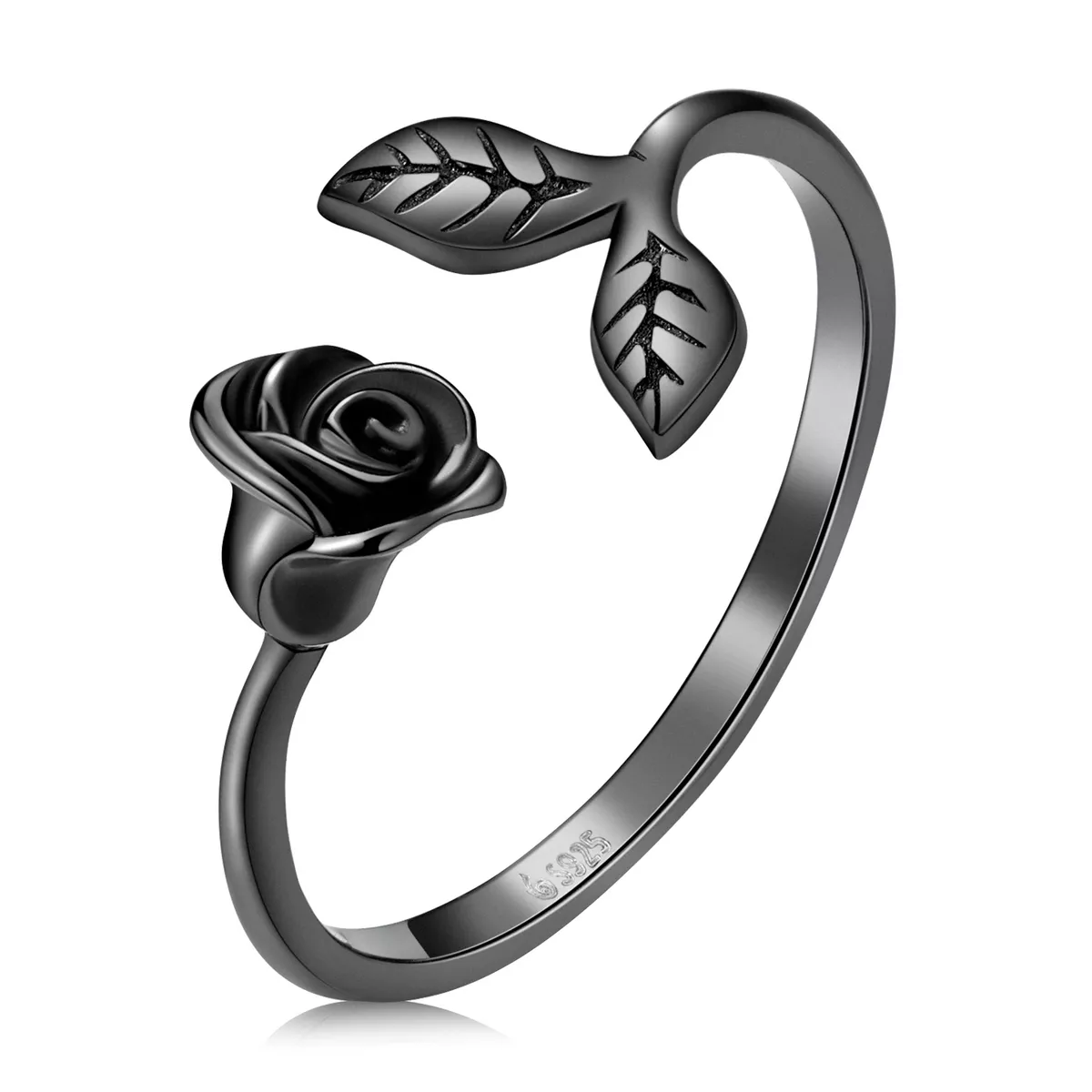 anillo abierto estilo pandora con rosa negra bsr239