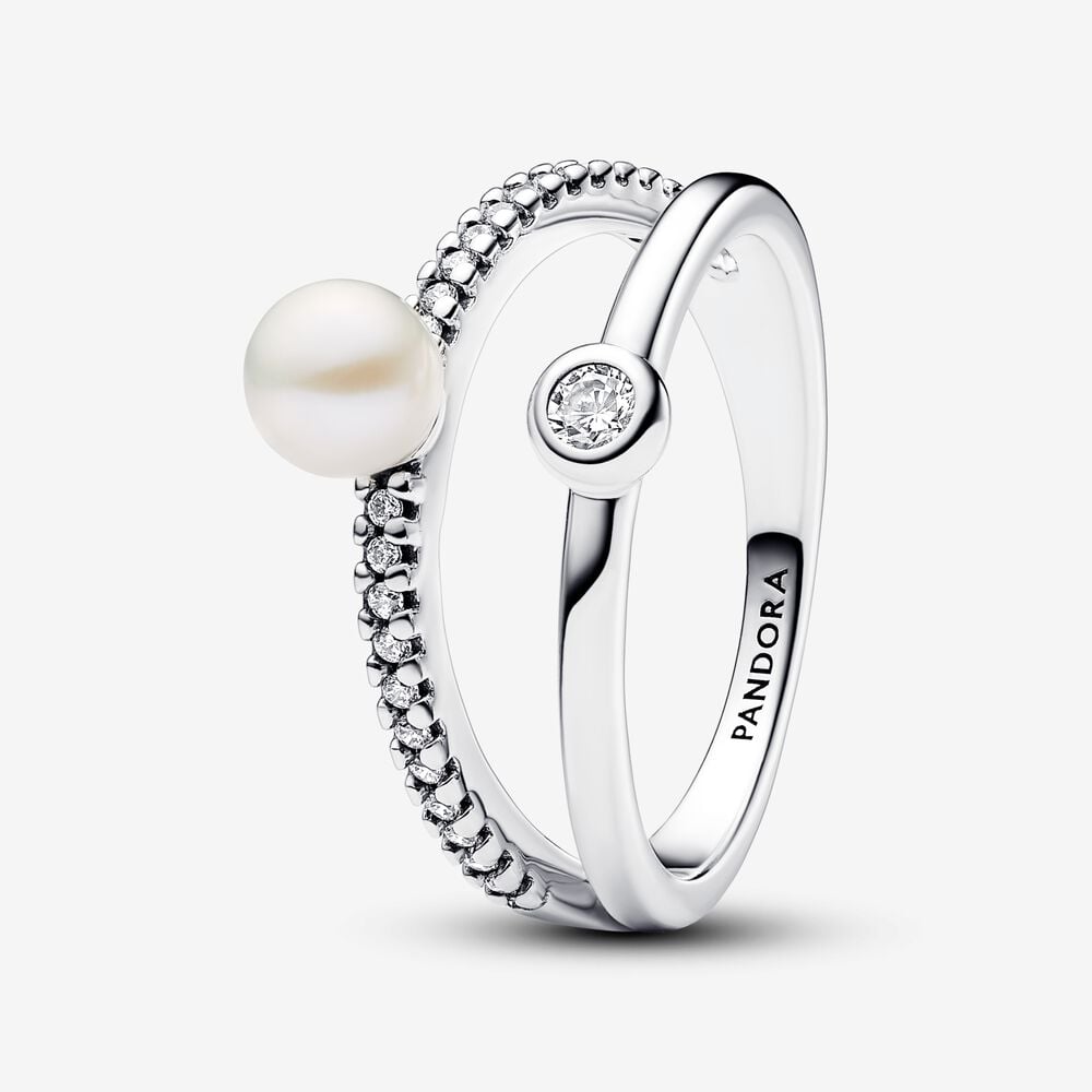 anillo pandora perla cultivada de agua dulce y doble banda en pavé 193147c01