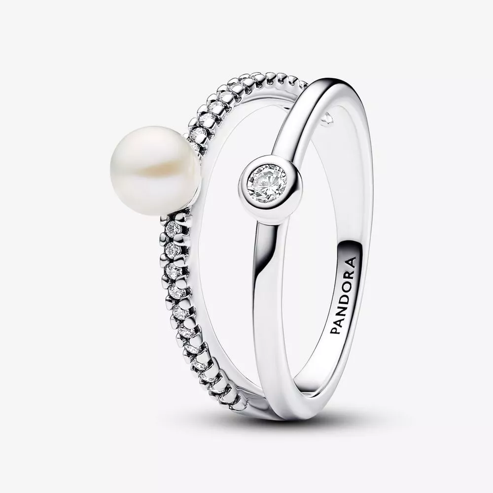 anillo pandora perla cultivada de agua dulce y doble banda en pavé 193147c01
