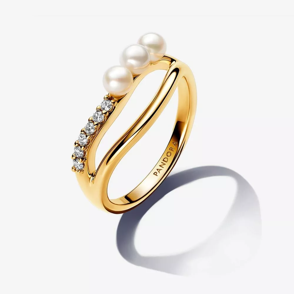 anillo pandora perla cultivada de agua dulce y doble banda forma orgánica 163258c01