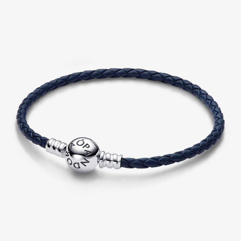 pulsera de cuero trenzado azul con cierre redondo de pandora moments 592790c01