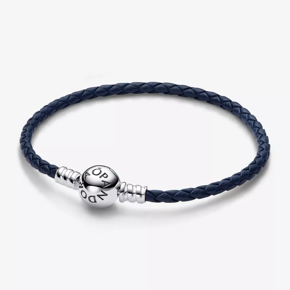 pulsera de cuero trenzado azul con cierre redondo de pandora moments 592790c01