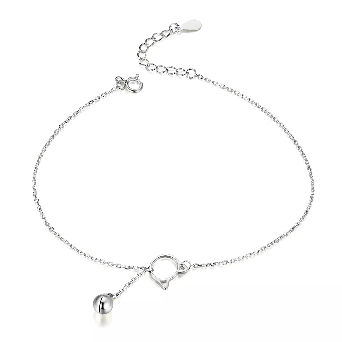pulsera de tobillo estilo pandora de plata con lindo gatito y campana sct003