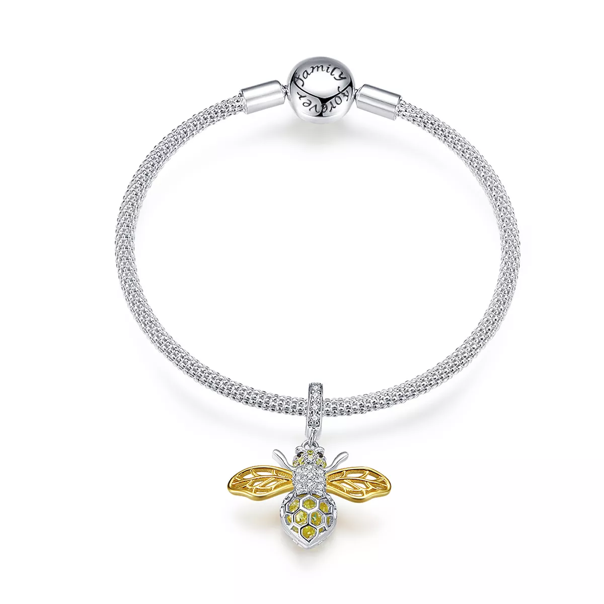 pulsera de malla de abeja trabajadora y encantadora estilo pandora plateada y bañada en oro scb830