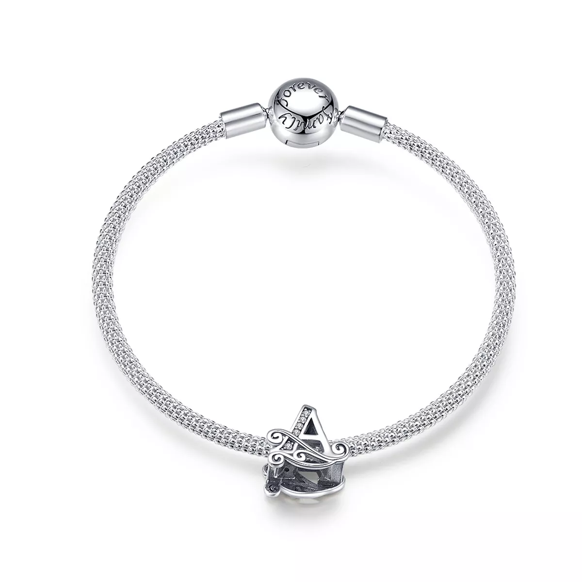 pulsera de malla estilo pandora con letra a de plata scb829