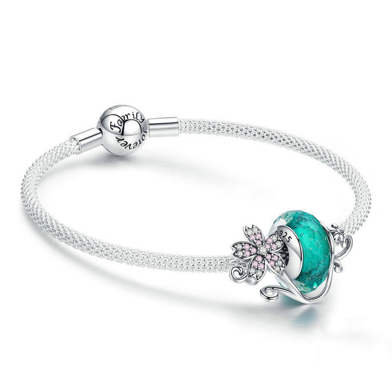 pulsera de malla sakura y cuenta de vidrio verde plateado estilo pandora scb822