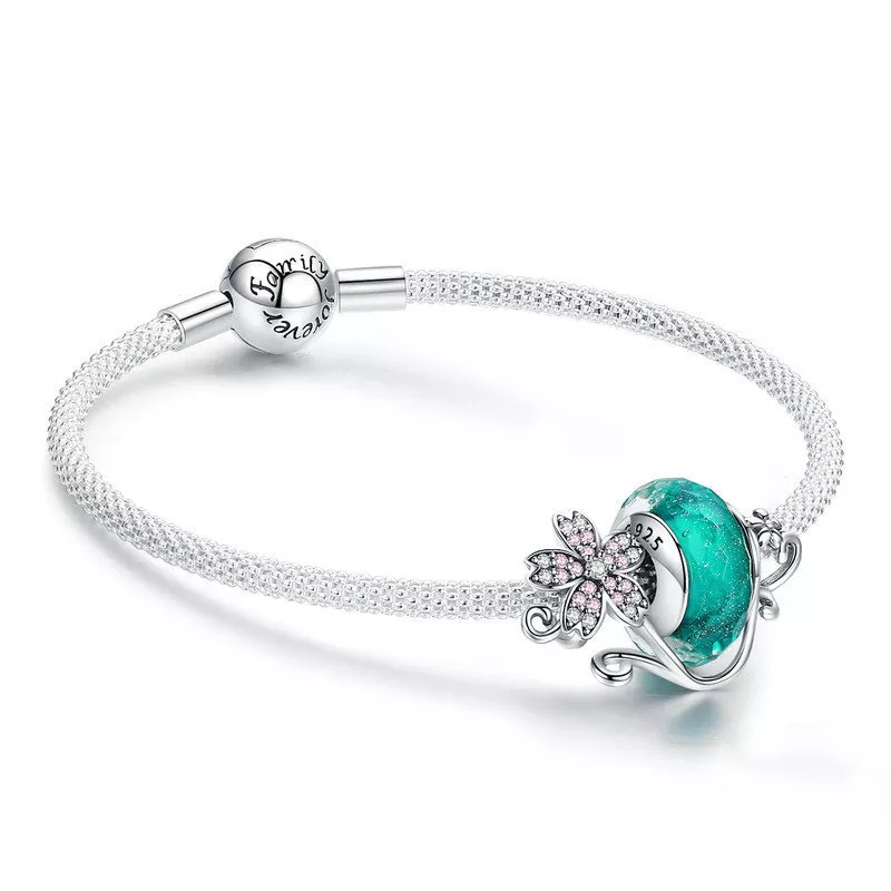 pulsera de malla sakura y cuenta de vidrio verde plateado estilo pandora scb822
