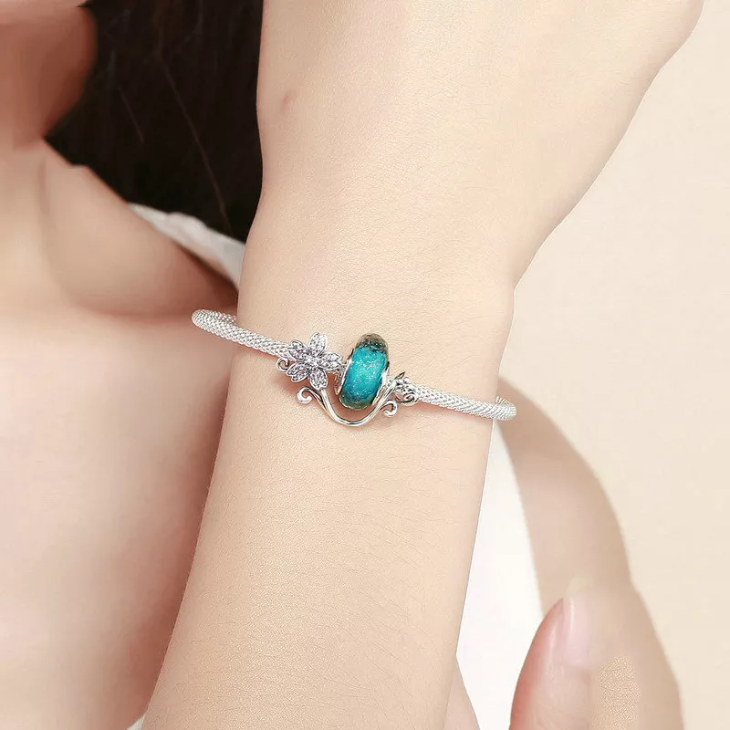 (imagen para) Pulsera de malla Sakura y cuenta de vidrio verde plateado estilo Pandora - SCB82 - Ver 2