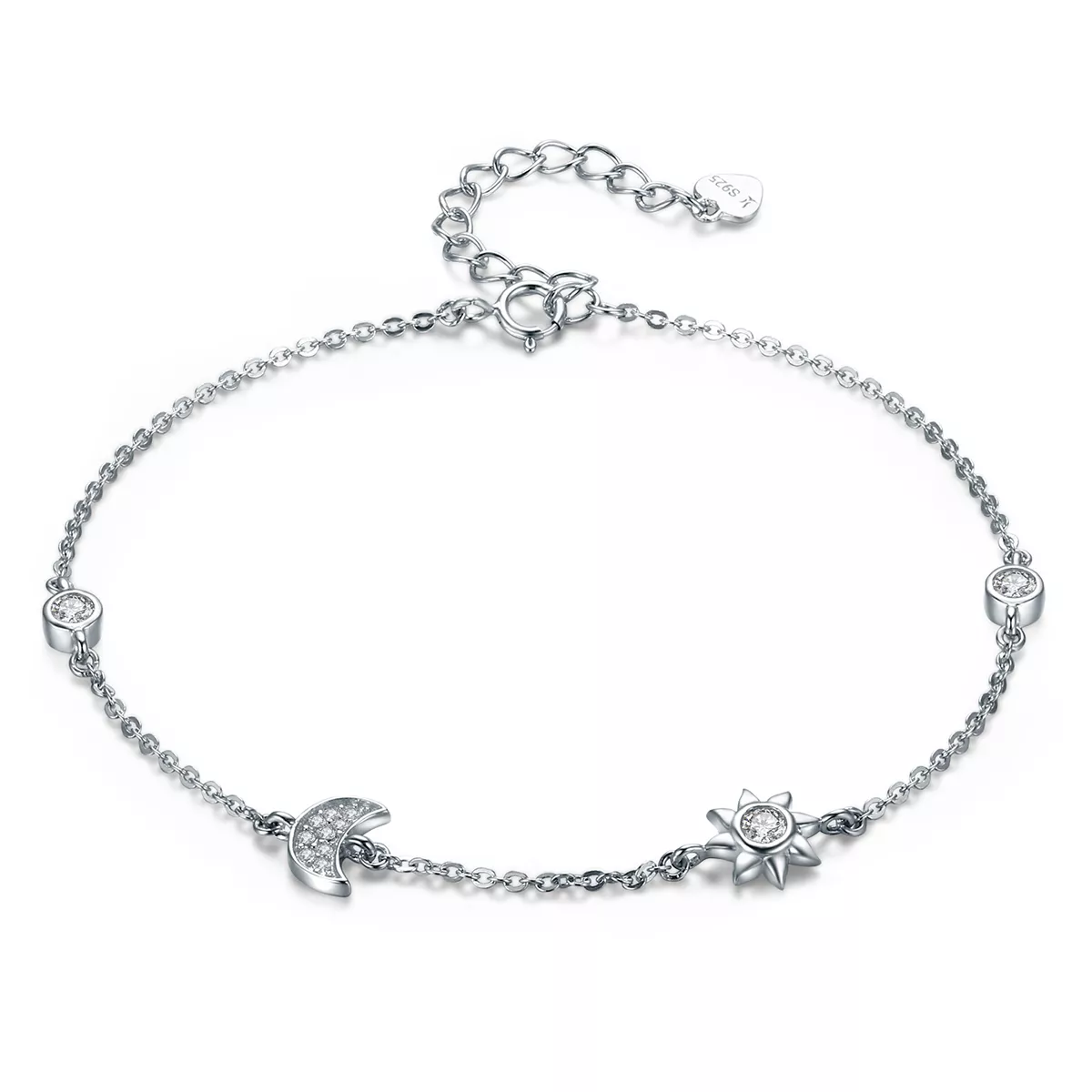 pulsera deslizable con cadena de luna sol y estrellas de estilo pandora en plata scb081
