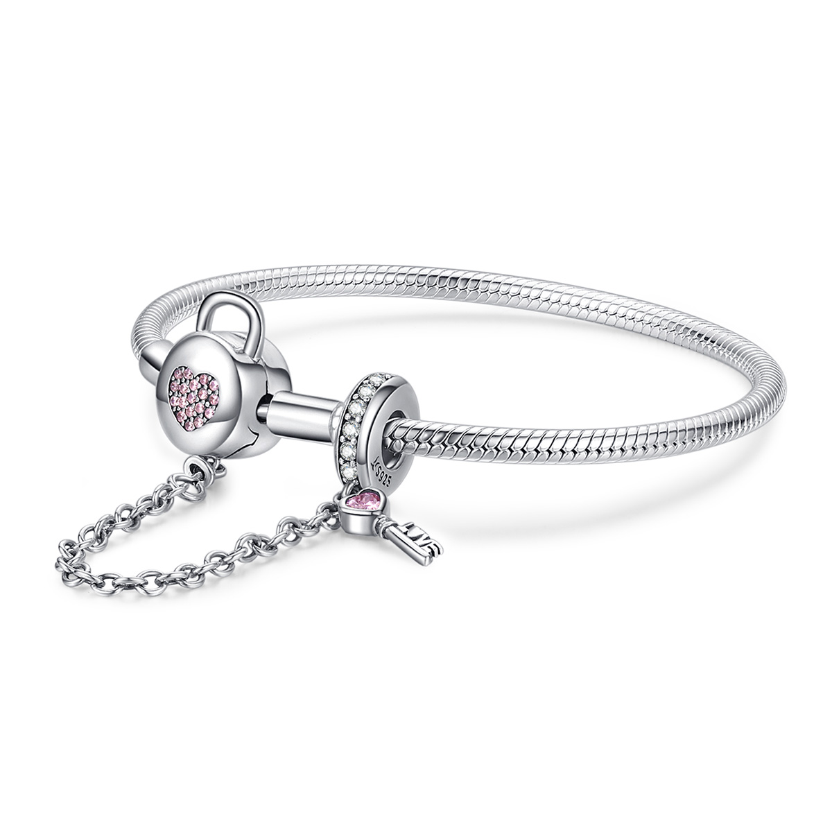 pulsera deslizable estilo pandora con corazones y llave de plata scb143