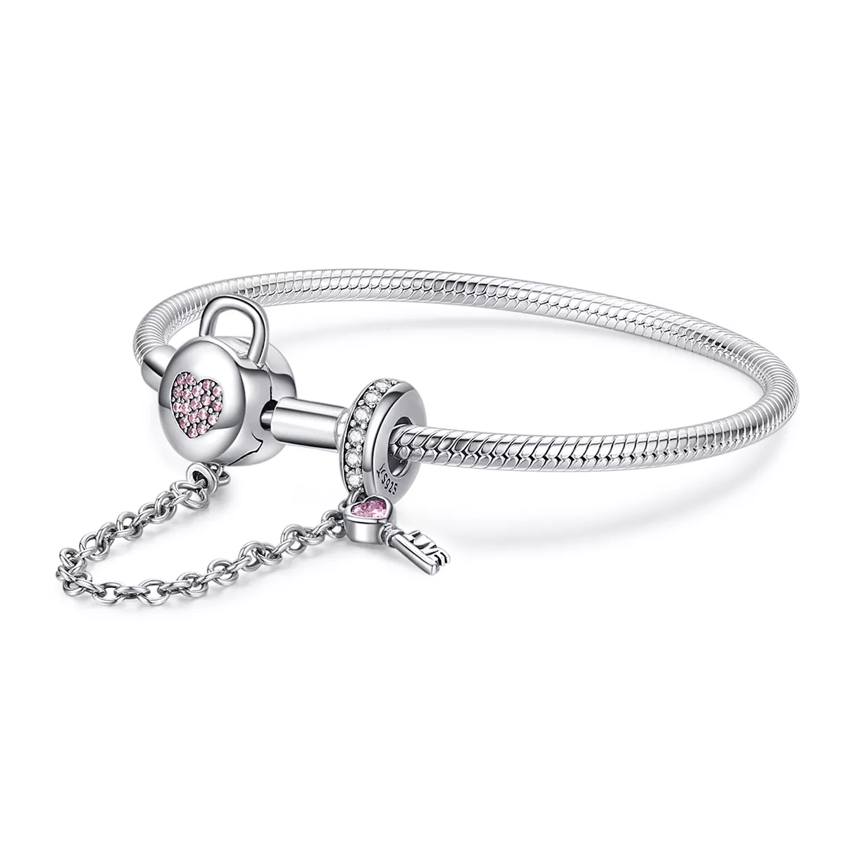 pulsera deslizable estilo pandora con corazones y llave de plata scb143