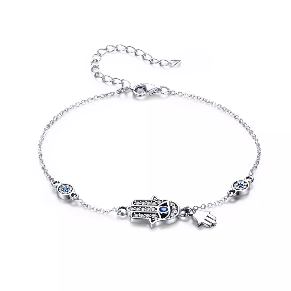 pulsera deslizante de cadena con estilo pandora en plata con mano de fátima scb079