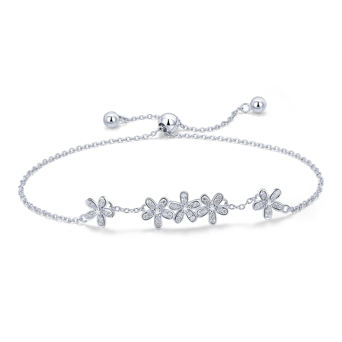 pulsera deslizante estilo pandora con cadena de margaritas de plata scb084