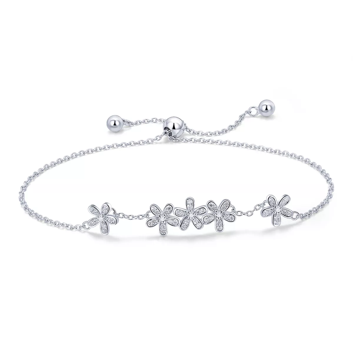 pulsera deslizante estilo pandora con cadena de margaritas de plata scb084