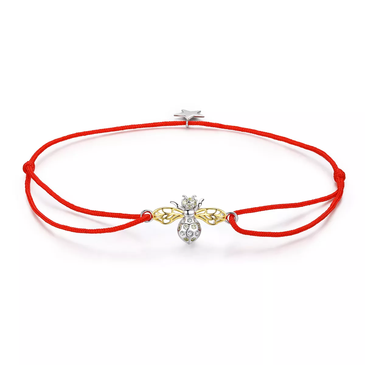 pulsera estilo pandora de cuerda roja con abeja bañada en plata y oro scb156