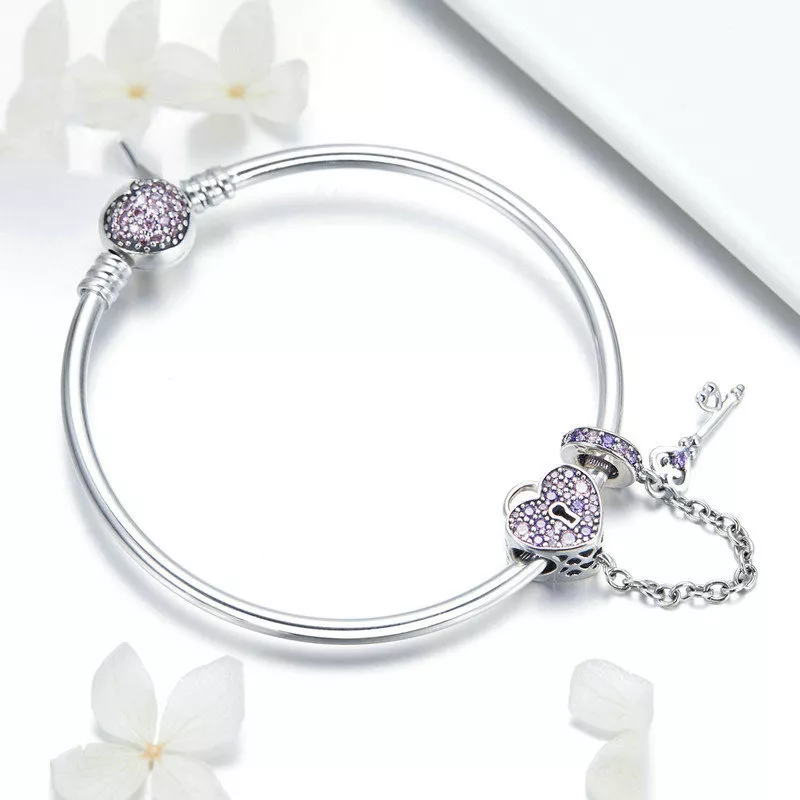 (imagen para) Pulsera estilo Pandora plateada con llave rosa y candado con corazón pavé - SCB8 - Ver 2