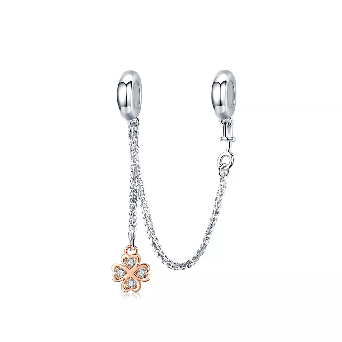 cadena de seguridad de trébol de plata y oro rosa estilo pandora scc1261