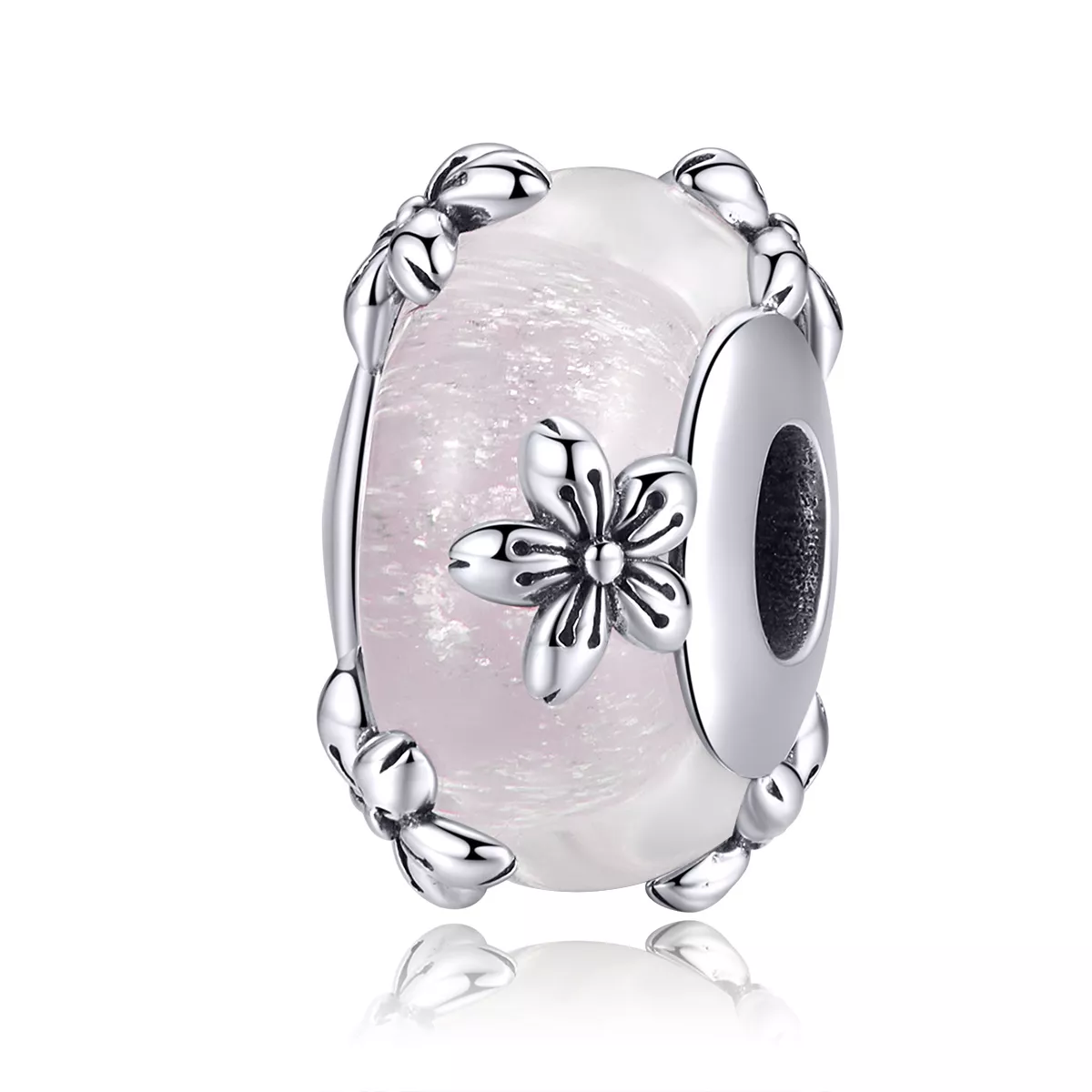 charm de vidrio murano de estilo pandora plateado con sakura scc1302