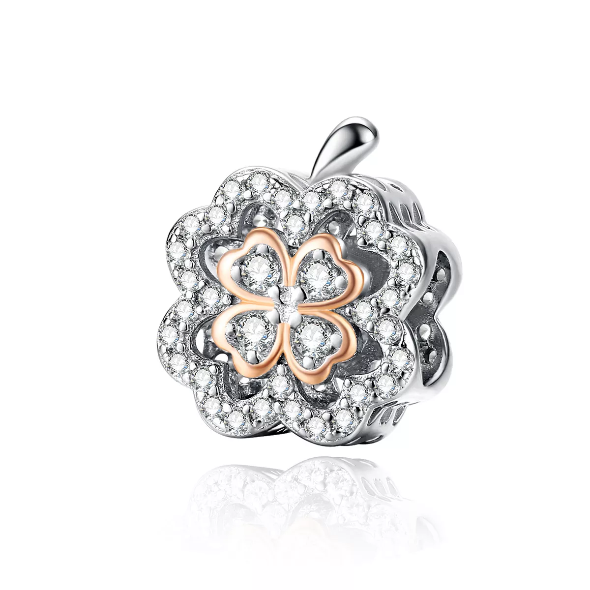 encanto de trébol de cuatro hojas en plata y oro rosa estilo pandora scc1247