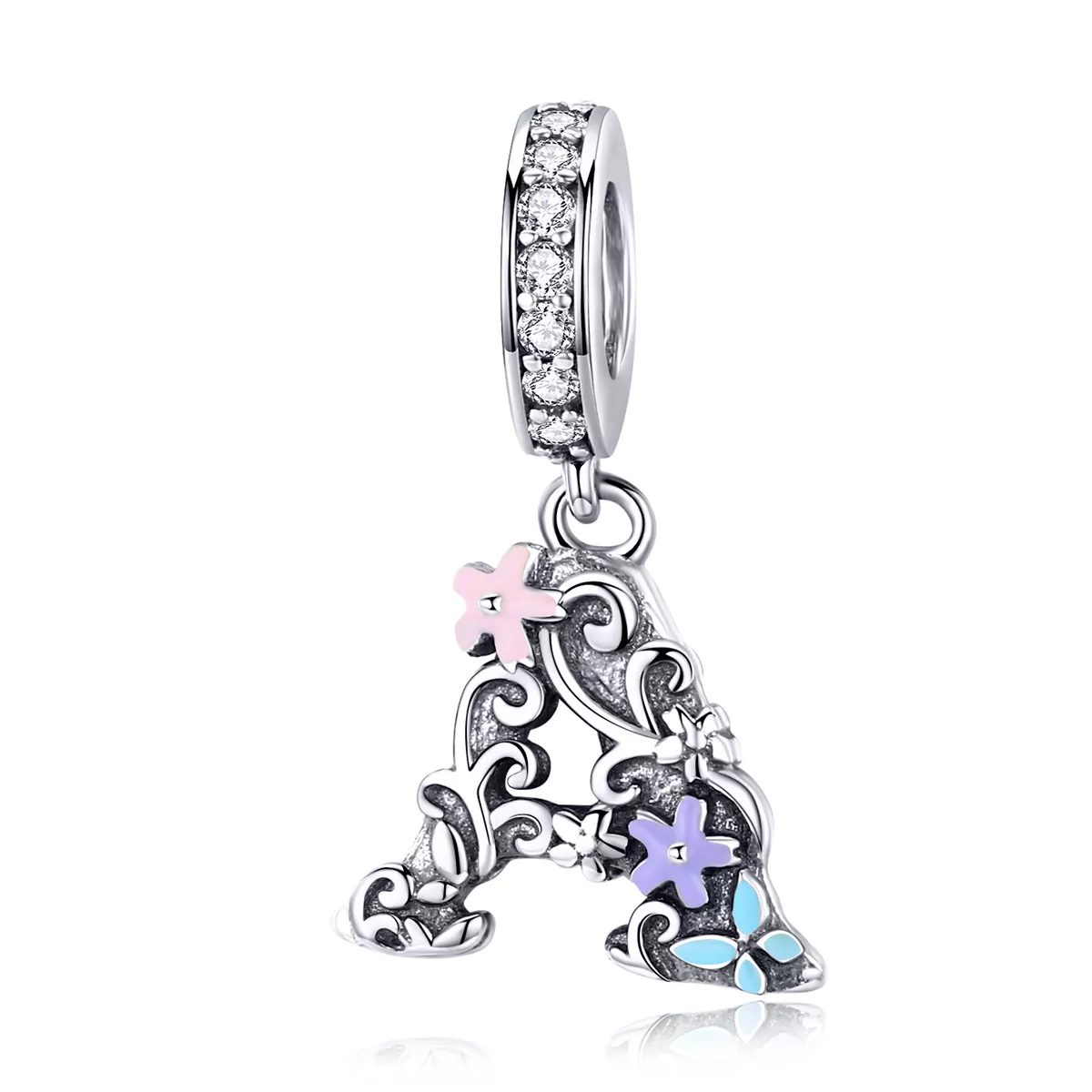 pendiente con dije de letra a en forma de flor plateada estilo pandora scc1273