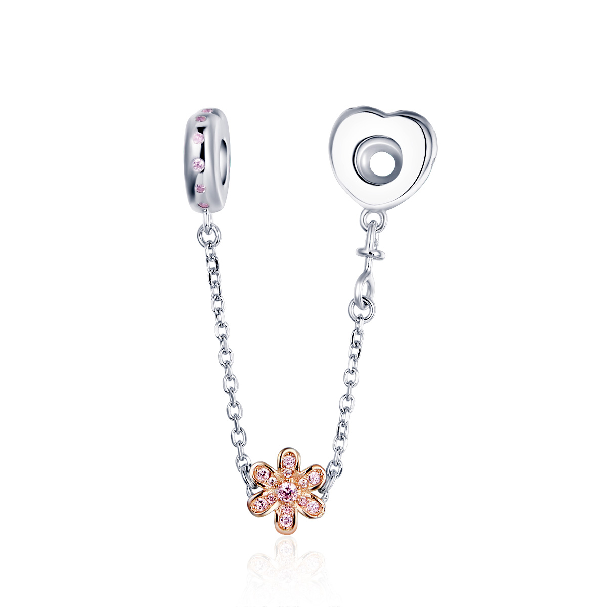 pulsera de seguridad en estilo pandora con cadena plateada y charm de flor de amor scc1113