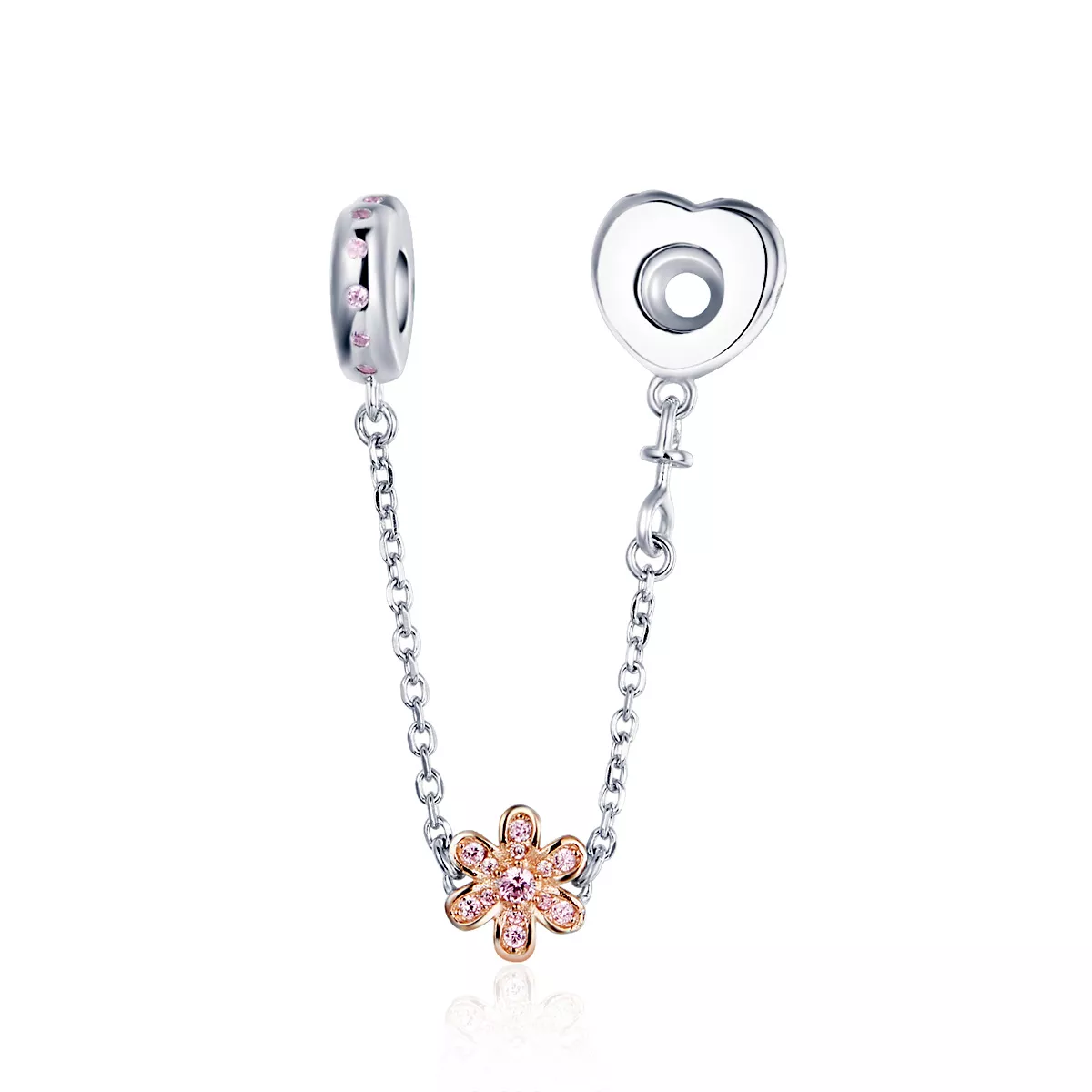 pulsera de seguridad en estilo pandora con cadena plateada y charm de flor de amor scc1113