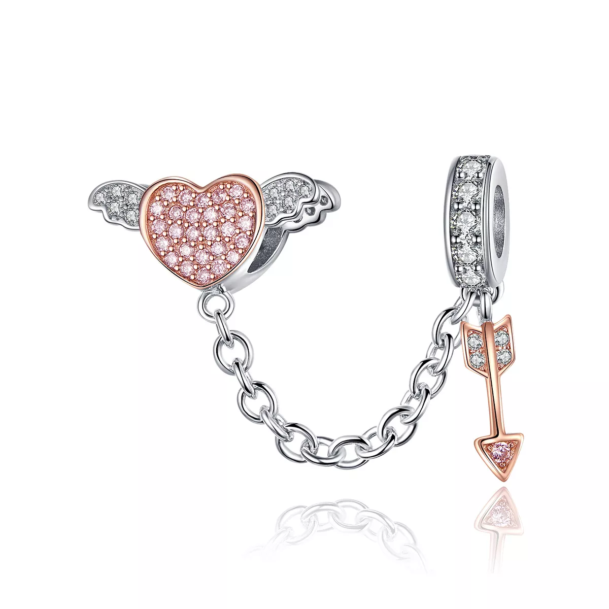 pulsera de seguridad estilo pandora en plata y oro rosa con flechas de cupido scc1208