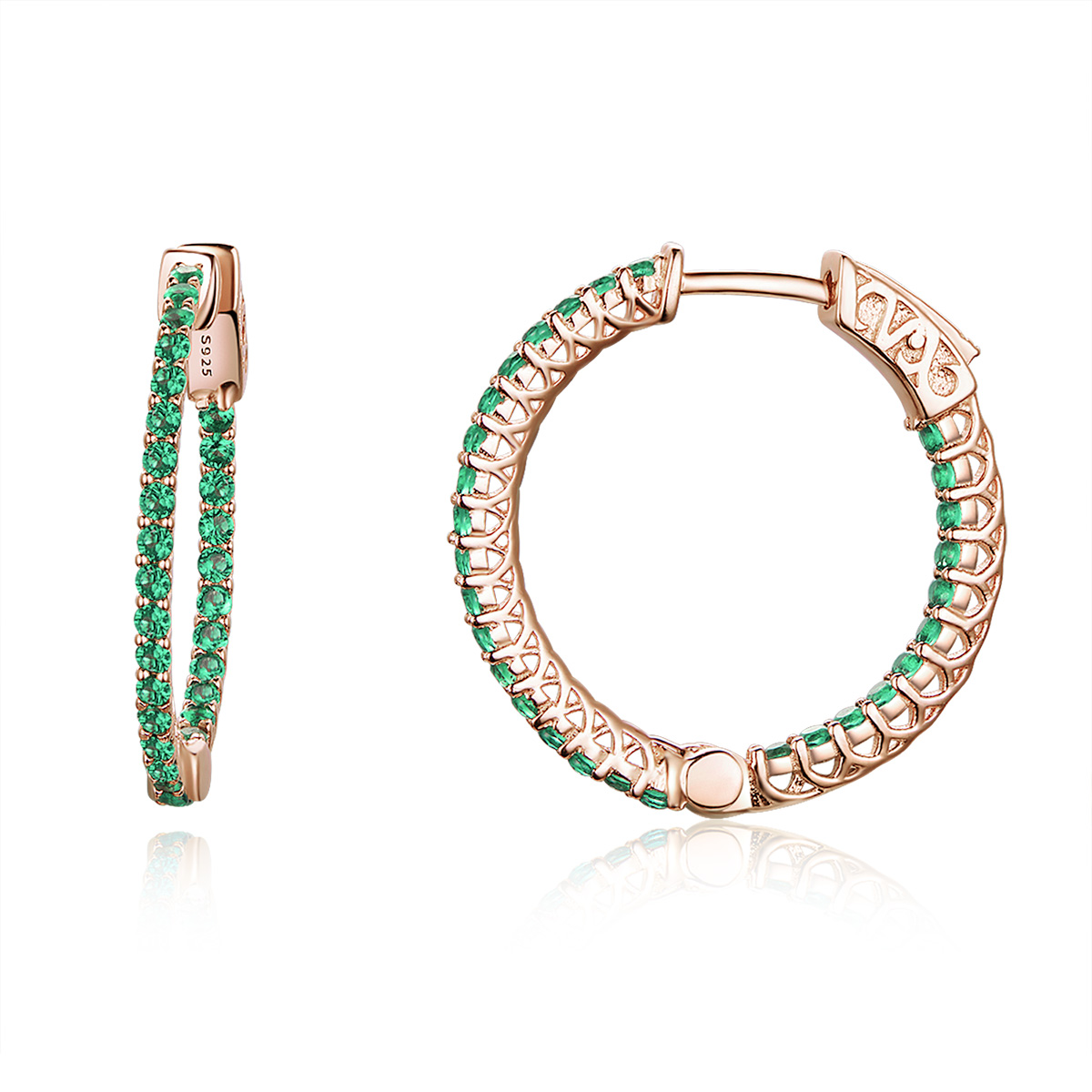 aretes de argolla estilo pandora en color oro rosa con circonitas verdes sce511