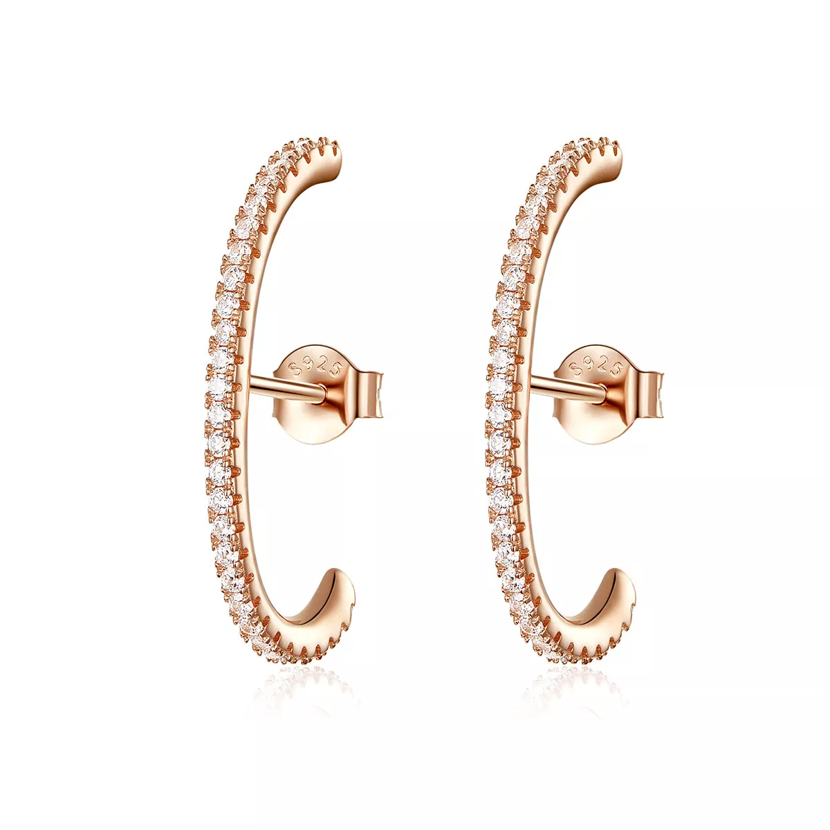 aretes de aro elegantes en estilo pandora con tono dorado rosa presentan un diseño de rayos elegantes sce548