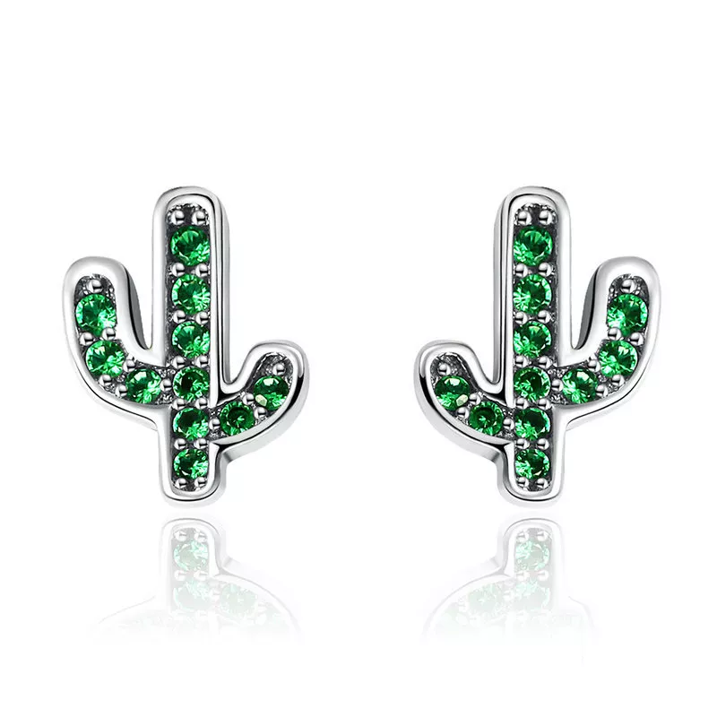 aretes de botón de cactus fresco plateados con estilo pandora sce097