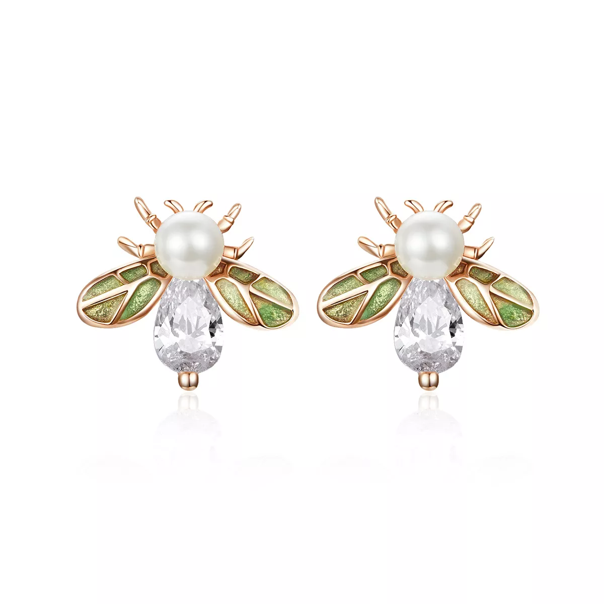 estilo pandora en forma de abeja de oro rosa con pendientes de perla sce643