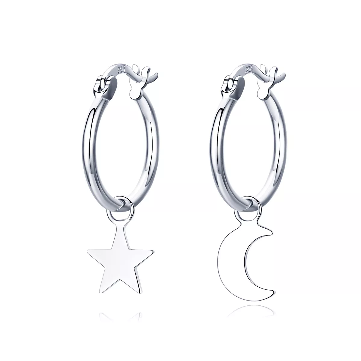 pendientes colgantes asimétricos estilo pandora de plata con estrella y luna sce681