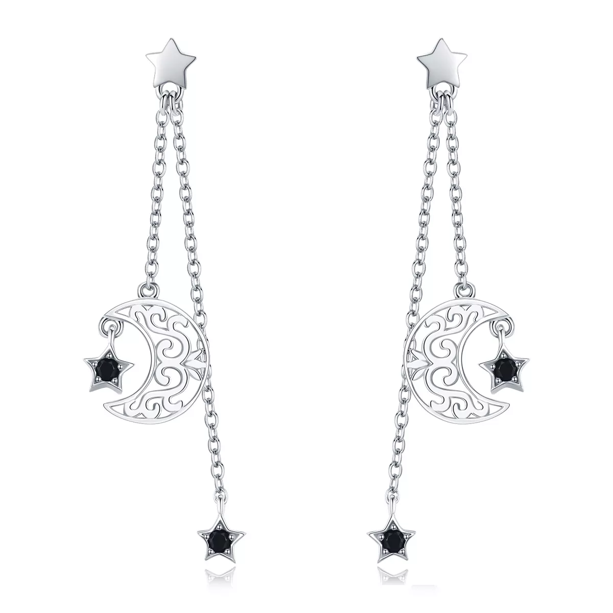 pendientes colgantes de estilo pandora con luna y estrellas en plata sce528