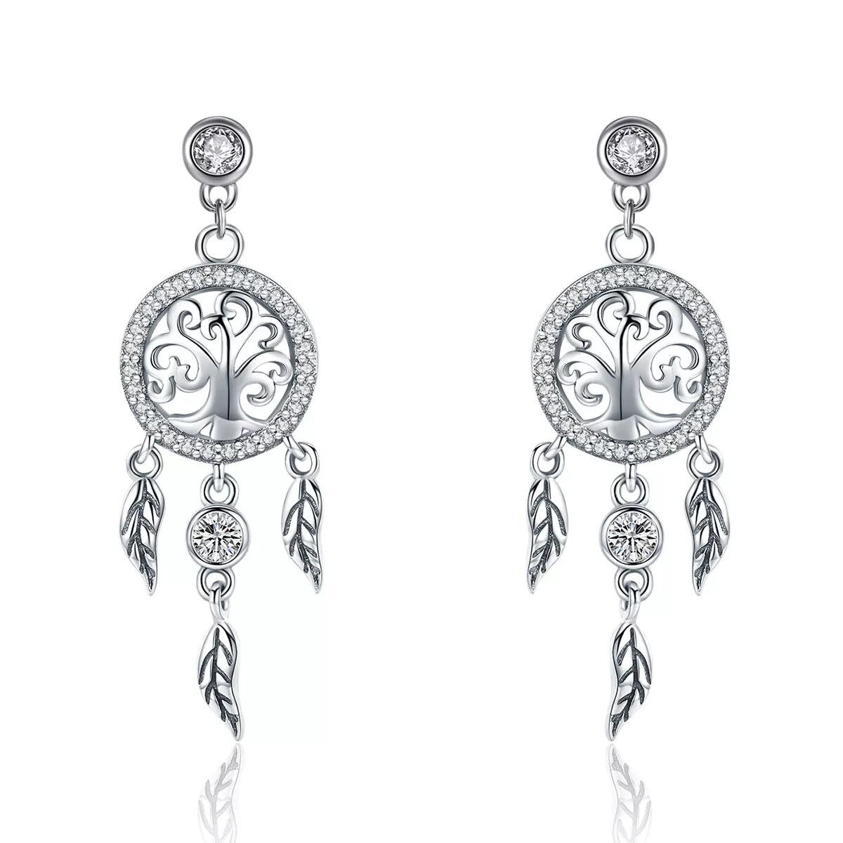 pendientes colgantes de estilo pandora en plata con árbol de la vida y atrapasueños sce457