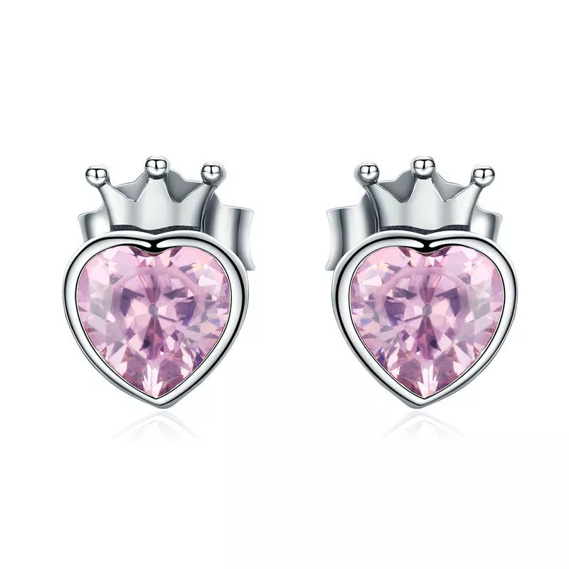 pendientes de botón con corazón coronado en estilo pandora de plata sce174