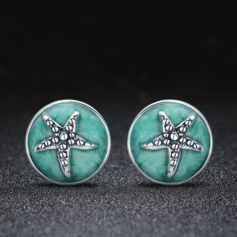 (imagen para) Pendientes de botón con estrella de mar de fantasía de plata al estilo Pandora - - Ver 3