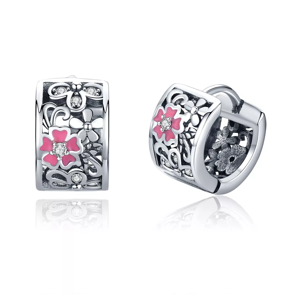 pendientes de botón de estilo pandora con flores de plata sce541