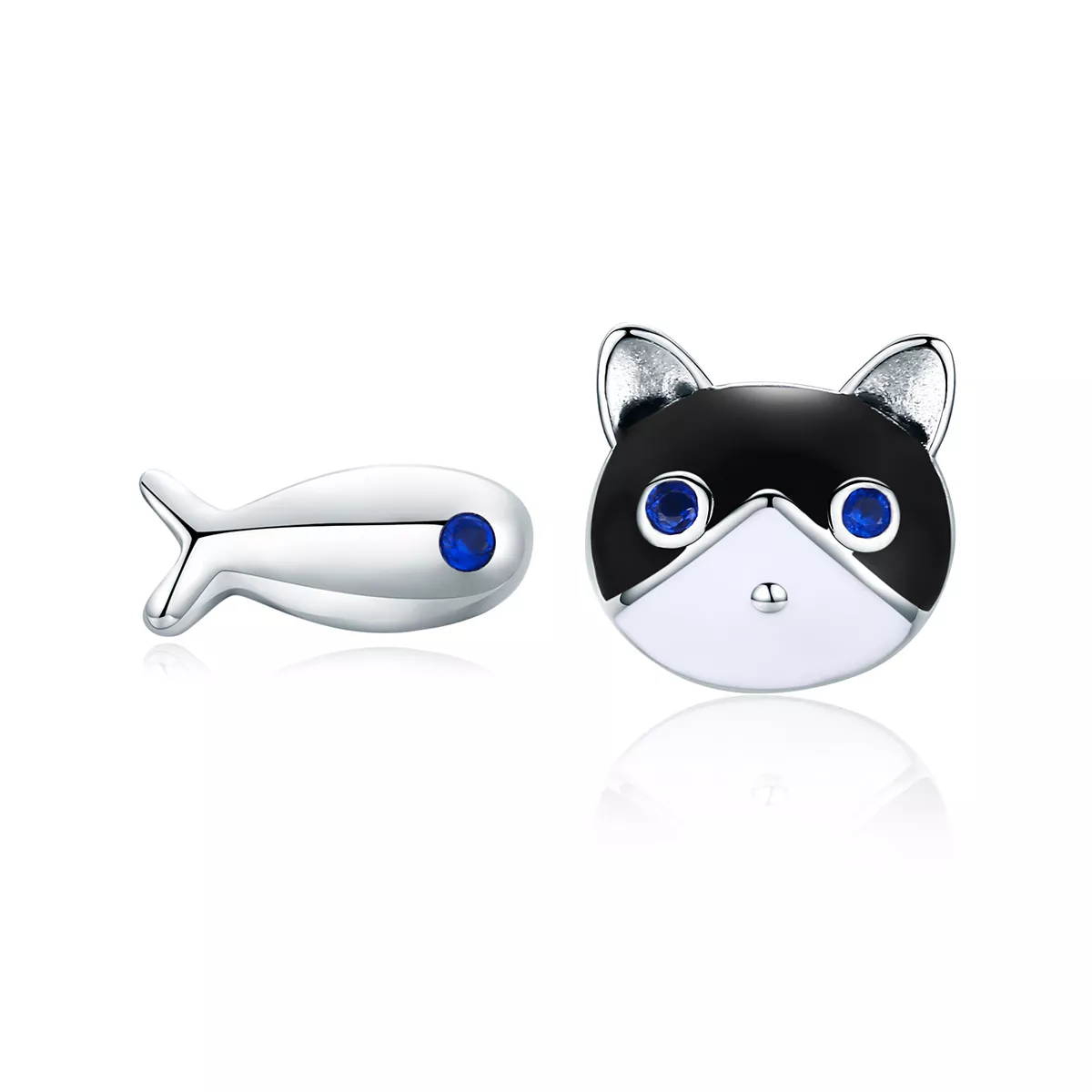 pendientes de botón de plata con estilo pandora de gato y pez sce623