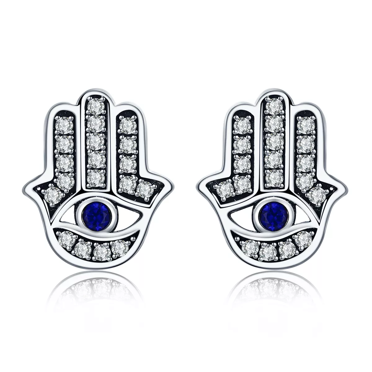 pendientes de botón de plata estilo pandora con mano de fátima sce389