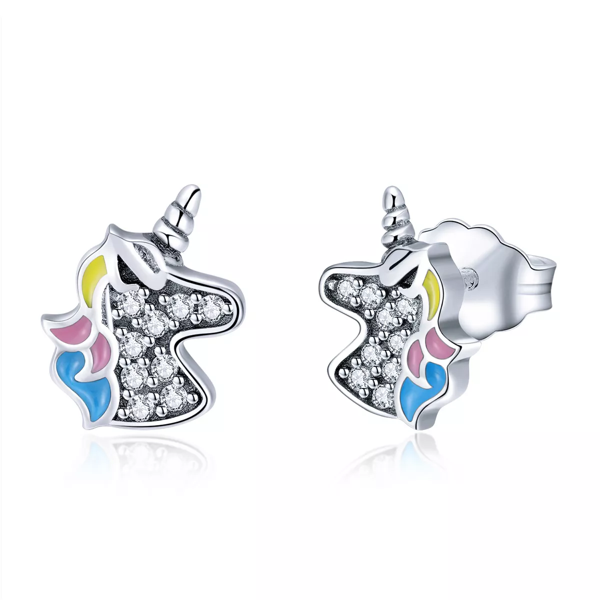 pendientes de botón de unicornio plateado estilo pandora sce426