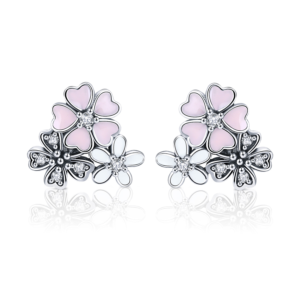 pendientes de botón estilo pandora con margaritas y flores de cerezo en plata sce400