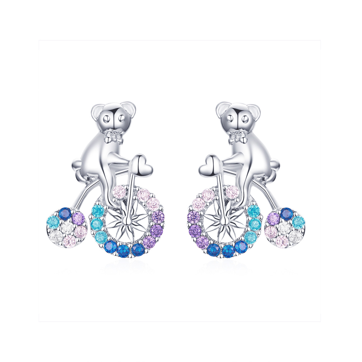 pendientes de botón estilo pandora de plata con diseño de oso en bicicleta sce677