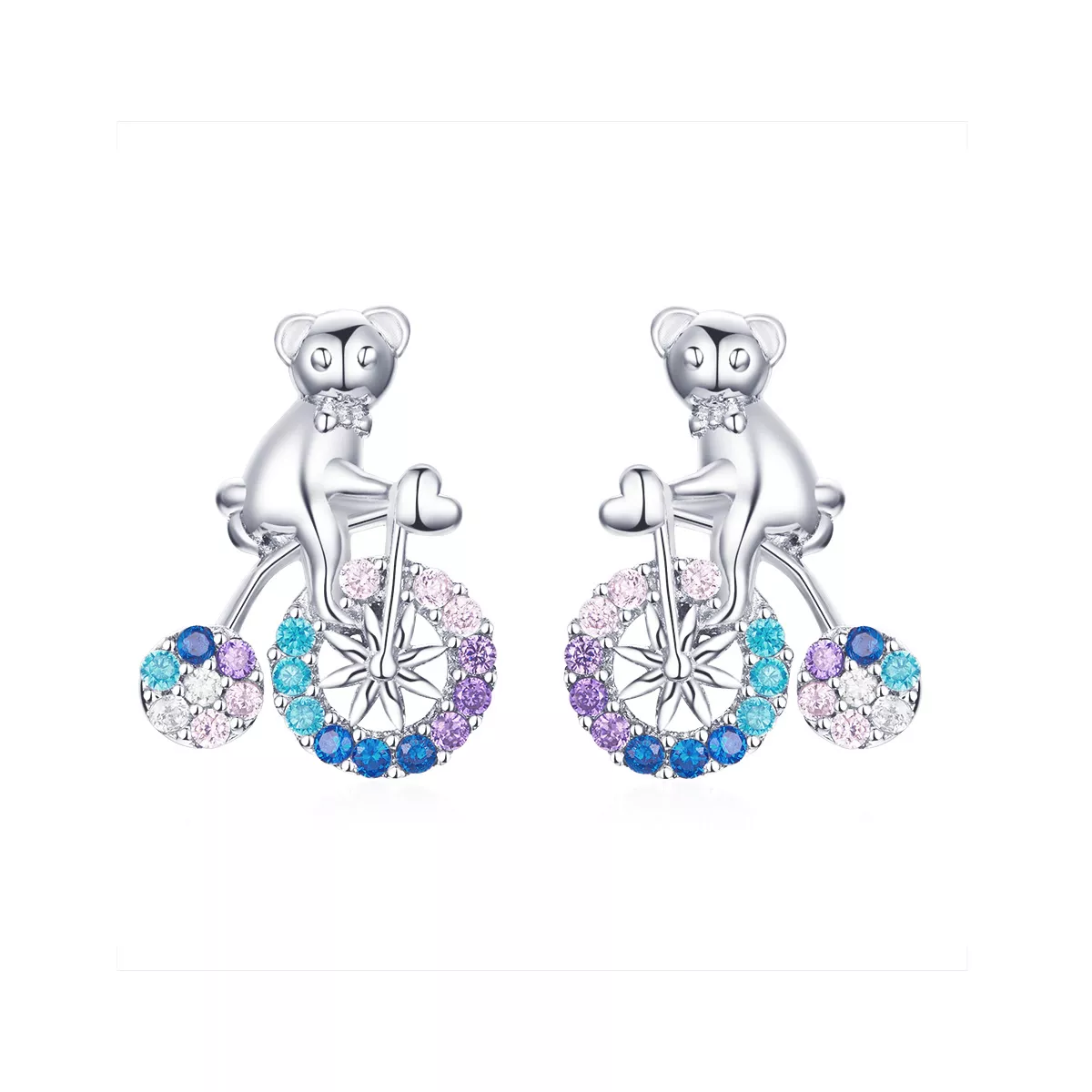 pendientes de botón estilo pandora de plata con diseño de oso en bicicleta sce677