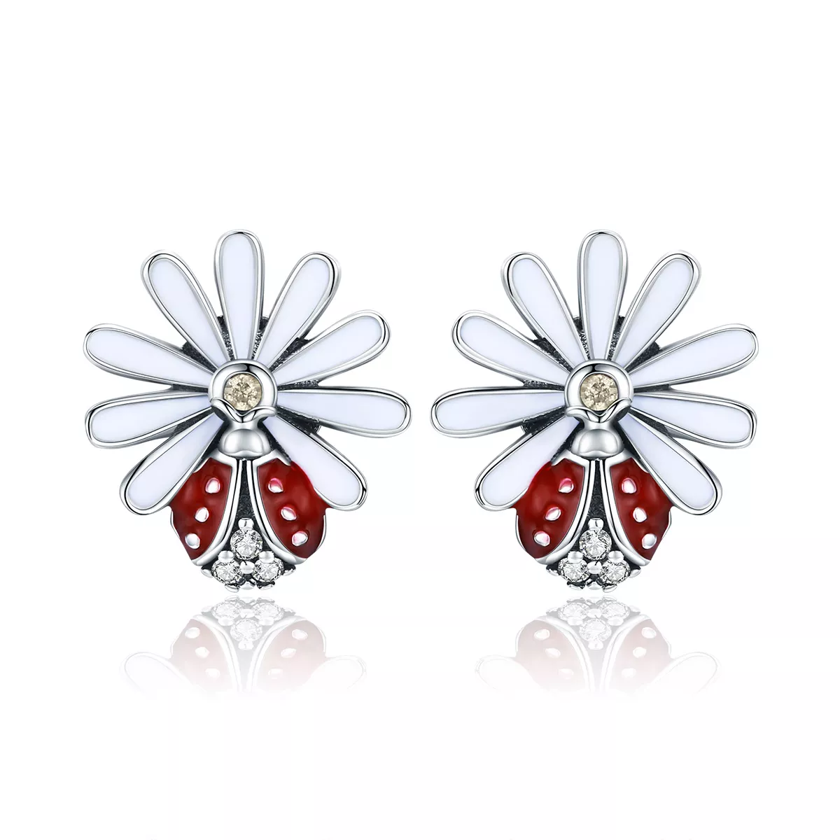 pendientes de flor y mariquita de plata de estilo pandora sce459